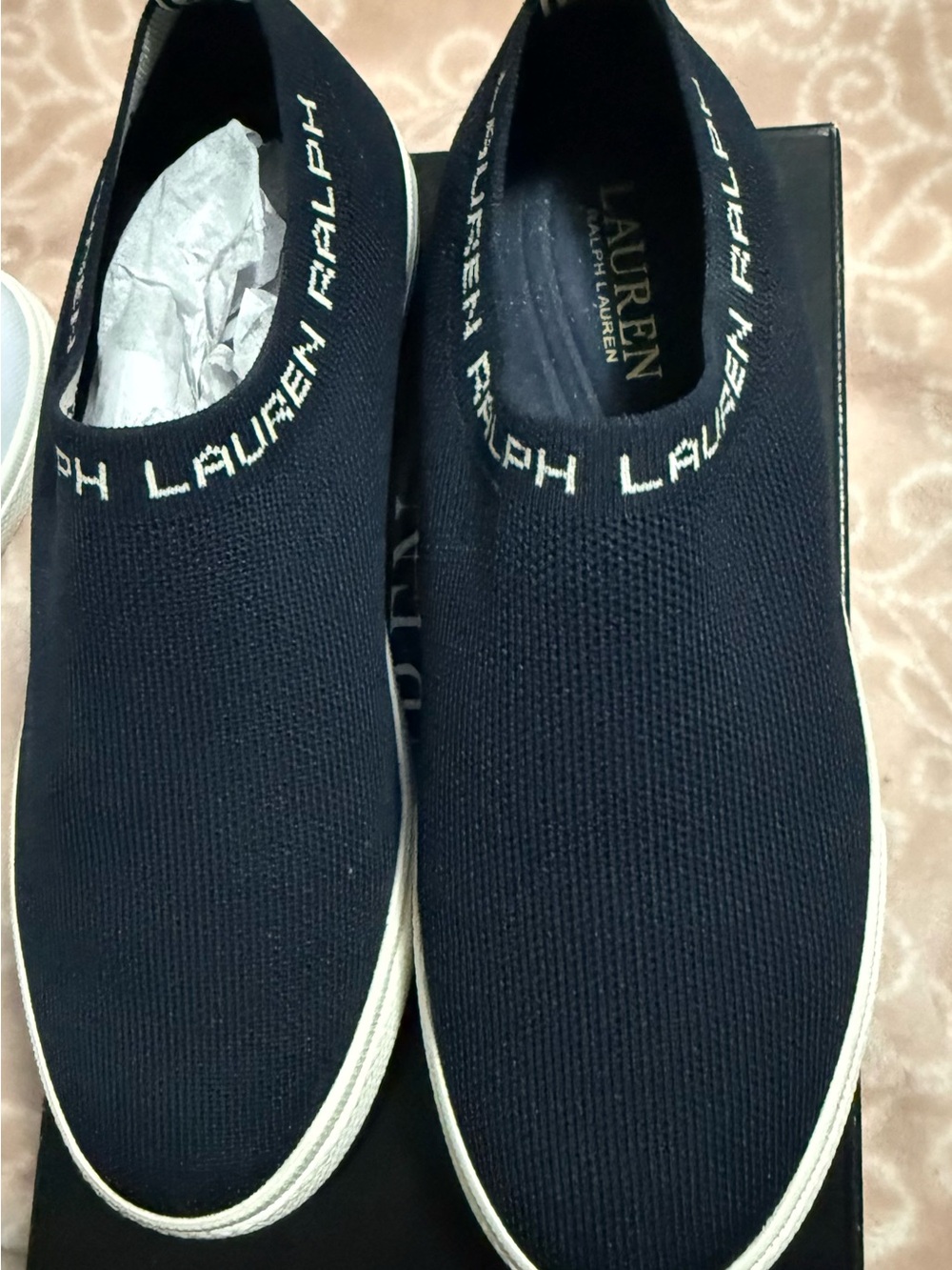 Lauren Ralph Lauren Men’s Slip-On Knit Sneakers in Navy and White